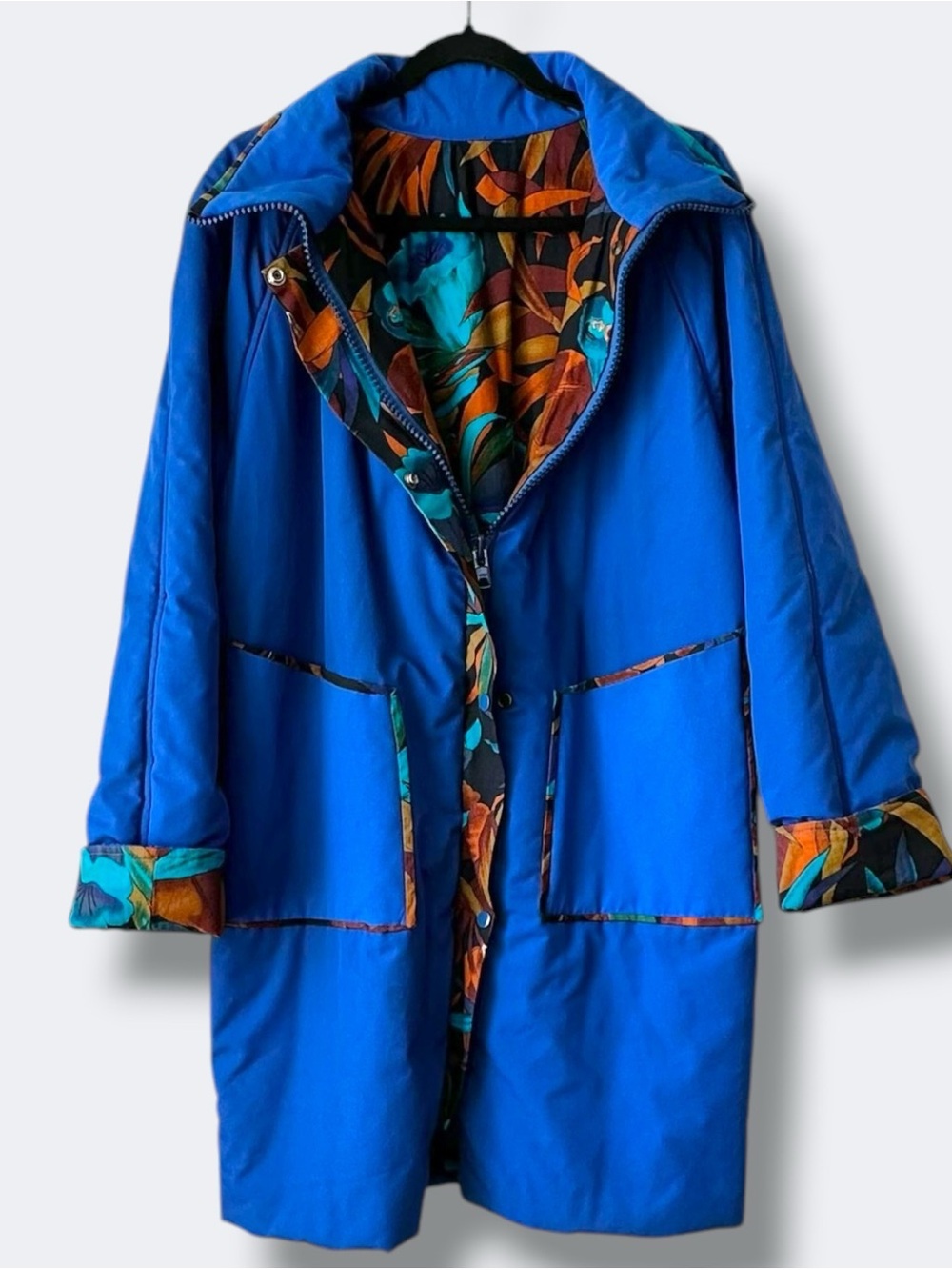 Vintage 90s Royal Blue Statement Parka - Tropical Floral Lining - Oversized XL - Picture 5 of 12
